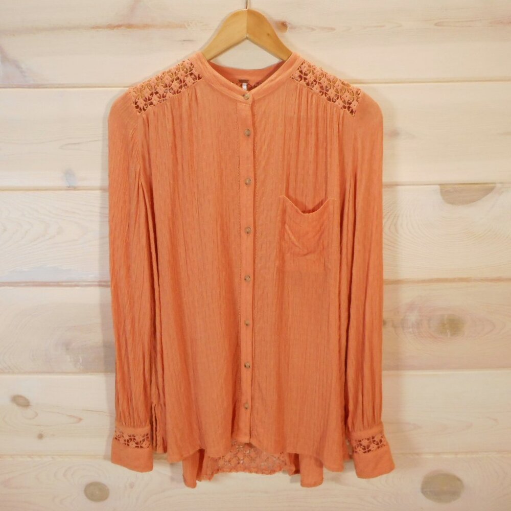 Free People The Best Button Down Peachy Orange Crochet Open Back Shirt
